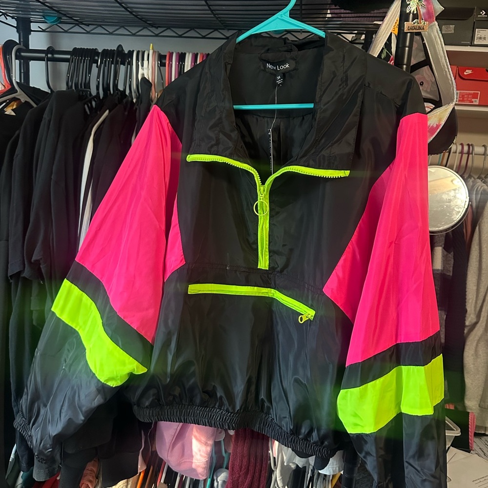 New Look Women's Black, Pink, and Green Bomber Jacket